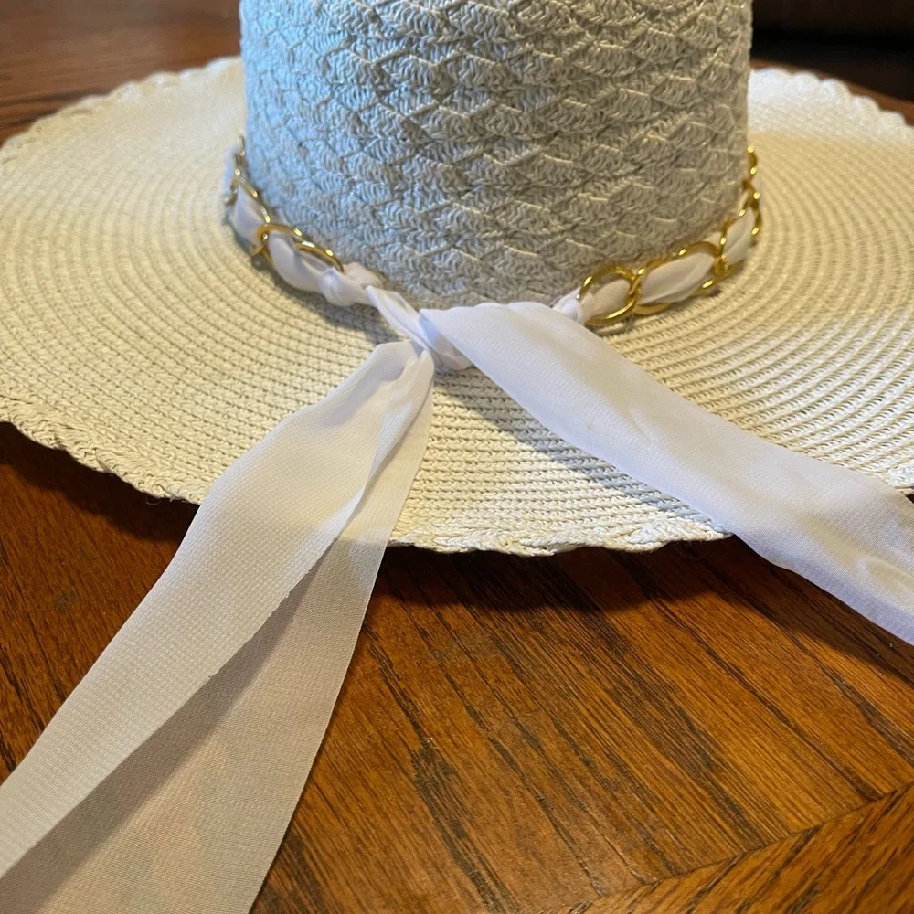 Marcus Adler White Packable Floppy Sun Hat Beach Scarf Trim Wide Brim One Size